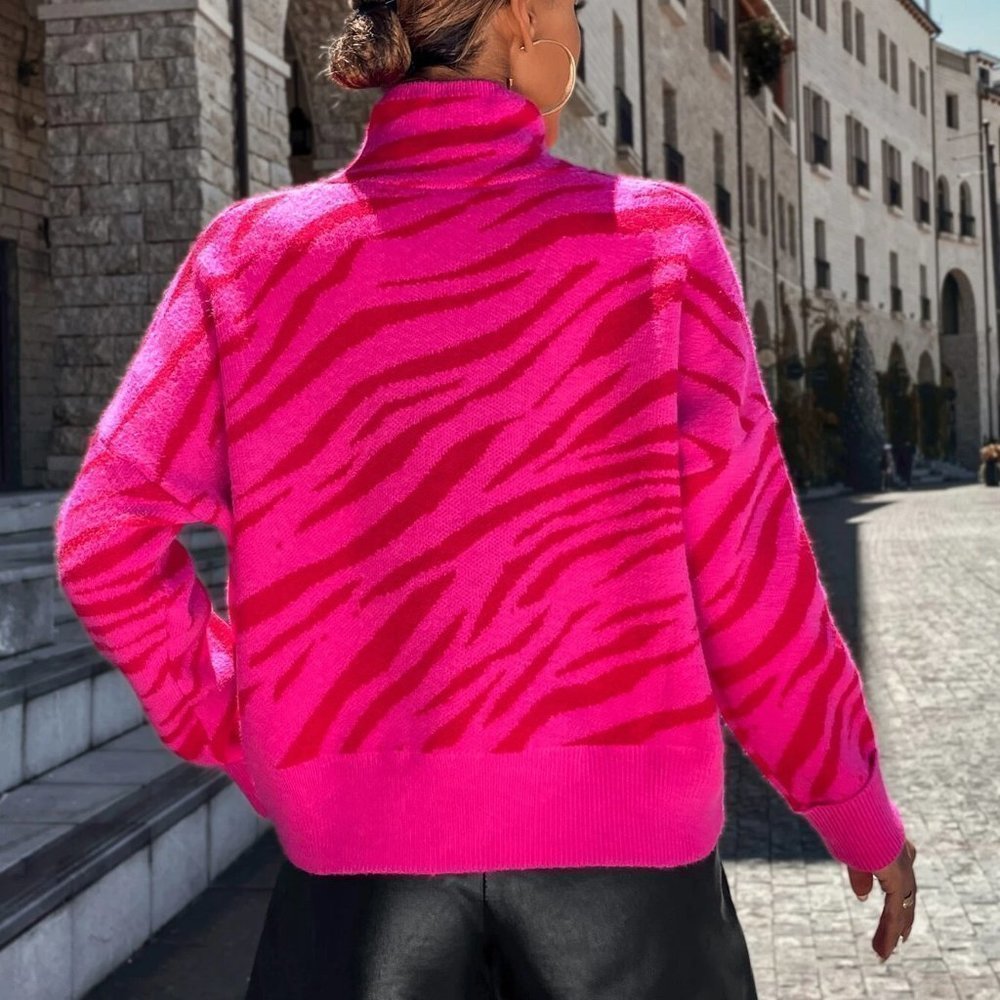 Hot pink Casual Womens Zebra Striped Pattern High Neck Drop Shoulder Sweater - Picture 3 of 5